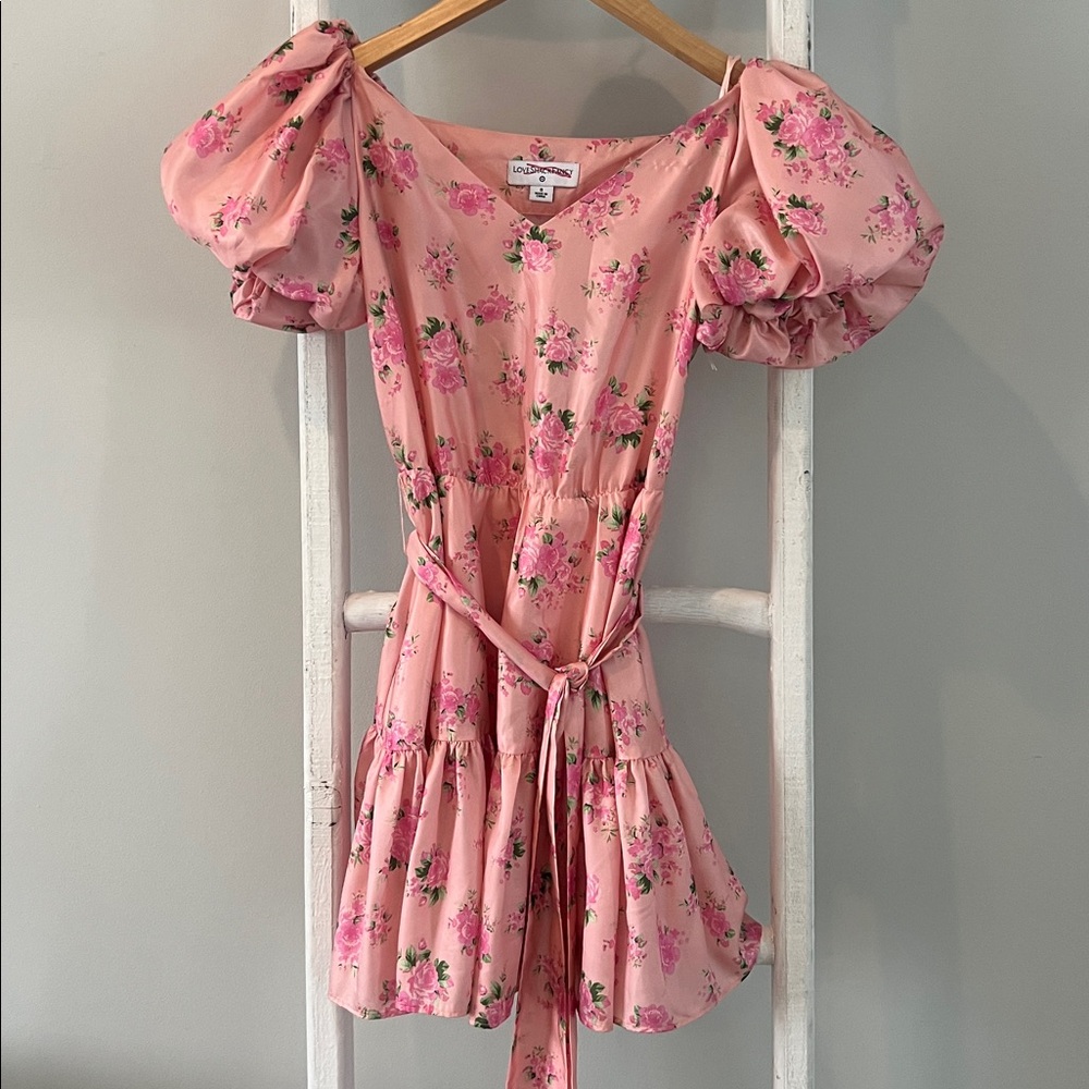 LoveShackFancy Cecile Pink Floral silky belted puff sleeve Mini Dress size 0 - Picture 3 of 10